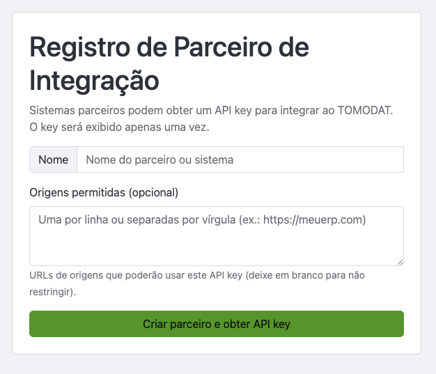 Tela de registro de parceiro